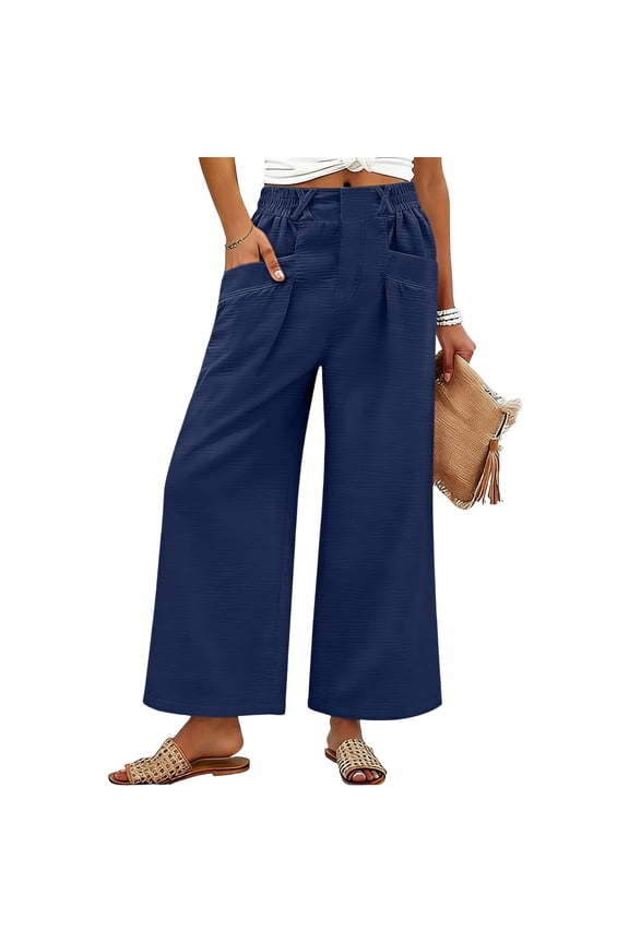 Women's Cotton Linen Harem Pants High Waisted Criss-cross Waistband Trousers Relaxed Fit Cropped Wide Leg Lounge Pants with Pockets