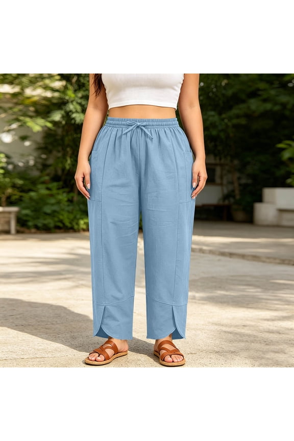 Women's Cotton Linen Lantern Pants Elastic Waist Tulip Hem Trousers Relaxed Fit Cropped Wide Leg Pants with Pockets Plus Size Friendly