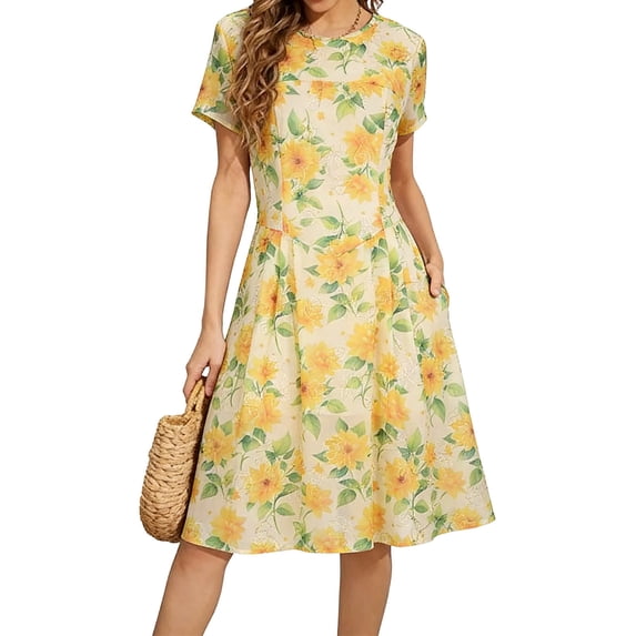Livrdious Women's Floral Embroidery Chiffon Midi Dress Short Sleeve Round Neck Fully Lined Summer Boho Wedding Guest Dress