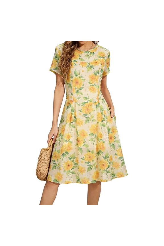 Women's Floral Embroidery Chiffon Midi Dress Short Sleeve Round Neck Fully Lined Summer Boho Wedding Guest Dress