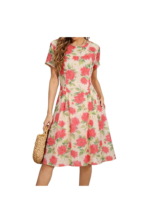 Women's Floral Embroidery Chiffon Midi Dress Short Sleeve Round Neck Fully Lined Summer Boho Wedding Guest Dress
