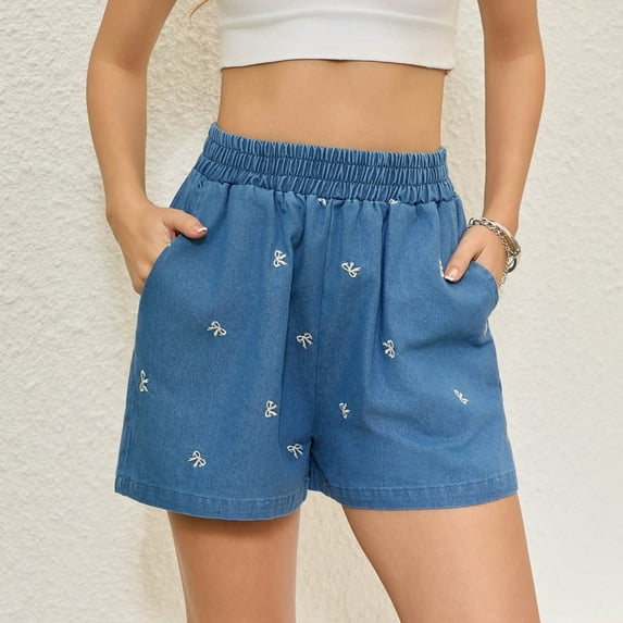 Livrdious Women's High Waisted Basic Jean Shorts Elastic Waist Straight Leg Casual Summer Stretchy Denim Shorts