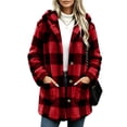 thumbnail image 1 of Livrdious Women's Plaid Fleece Jacket with Hood, Long Sleeve Button Front Fall Jacket, Relaxed Fit Shacket with Pockets, 1 of 6