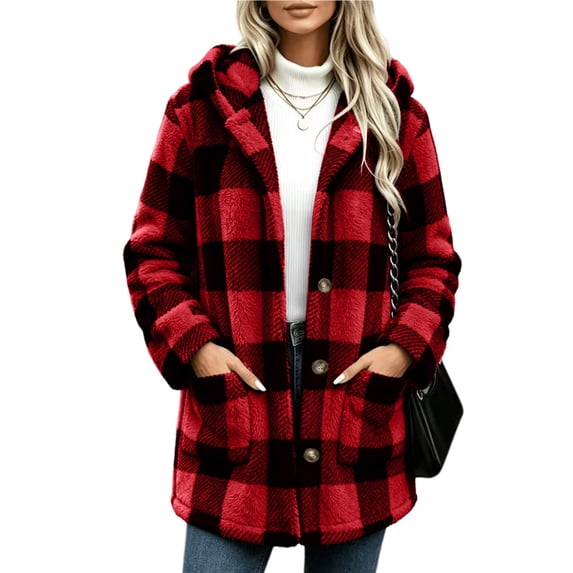Livrdious Women's Plaid Fleece Jacket with Hood, Long Sleeve Button Front Fall Jacket, Relaxed Fit Shacket with Pockets