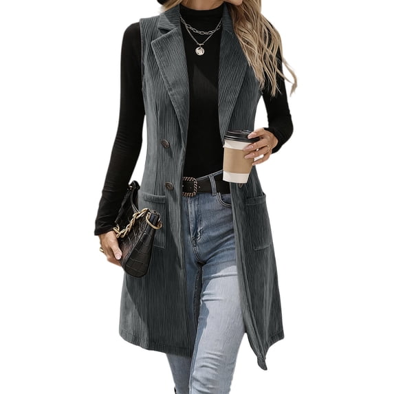 Livrdious Long Vest Womens Corduroy Vest Fall Winter Sleeveless Outwear Jacket with Pockets, S-XXL
