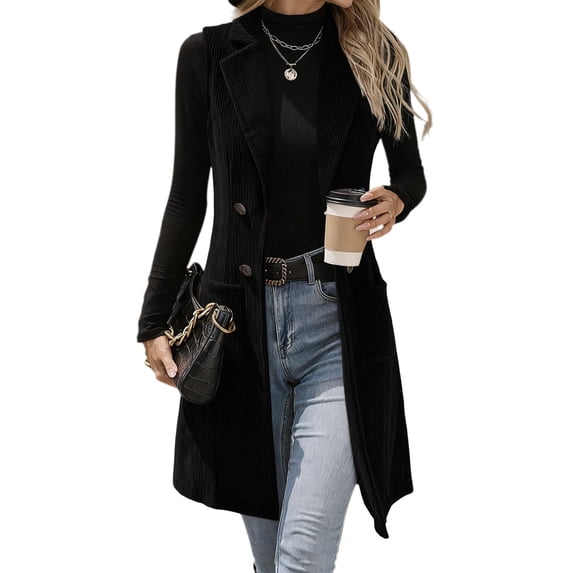Livrdious Long Vest Womens Corduroy Vest Fall Winter Sleeveless Outwear Jacket with Pockets, S-XXL