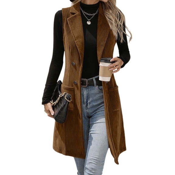 Livrdious Long Vest Womens Corduroy Vest Fall Winter Sleeveless Outwear Jacket with Pockets, S-XXL