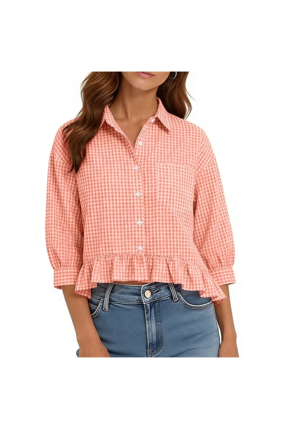 Womens Cropped Button-Up Plaid Shirt, Ruffled Peplum Hem, Loose Fit 3/4 Puff Sleeve Blouse for Business Casual and Vacation