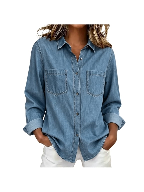 Womens Denim Shirts Lightweight Button Down Jean Shirts for Women Curved Hem Boyfriend Shirt V Neck Casual Tops, S-2XL