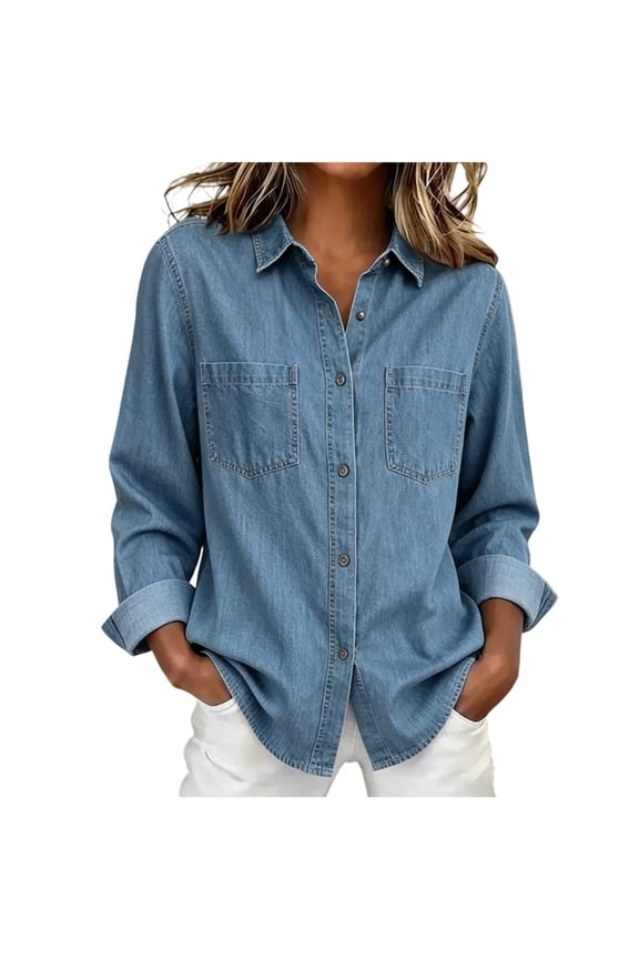 Womens Denim Shirts Lightweight Button Down Jean Shirts for Women Curved Hem Boyfriend Shirt V Neck Casual Tops, S-2XL