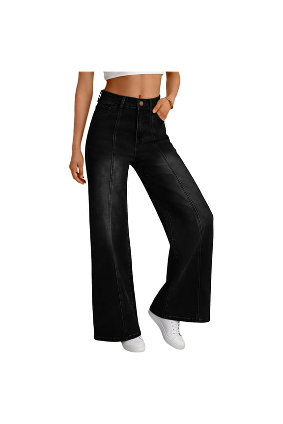 Womens High Waisted Flare Jeans, 31" Inseam Wide Leg Stretch Denim Pants with Front Seam Detail, Leg-Lengthening Design