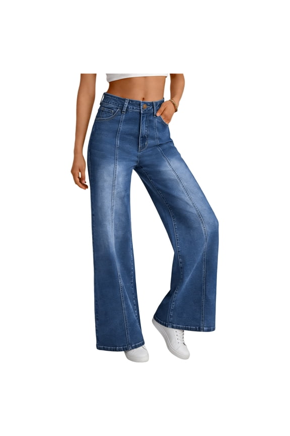 Womens High Waisted Flare Jeans, 31" Inseam Wide Leg Stretch Denim Pants with Front Seam Detail, Leg-Lengthening Design