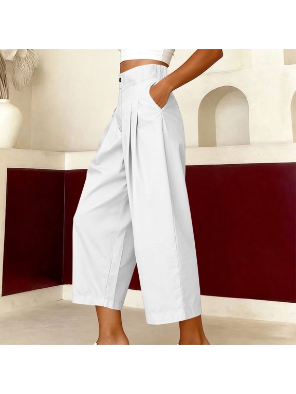 Womens High Waisted Wide Leg Capri Pants with Pockets, Comfy Lounge Capris, Business Casual Work Pants