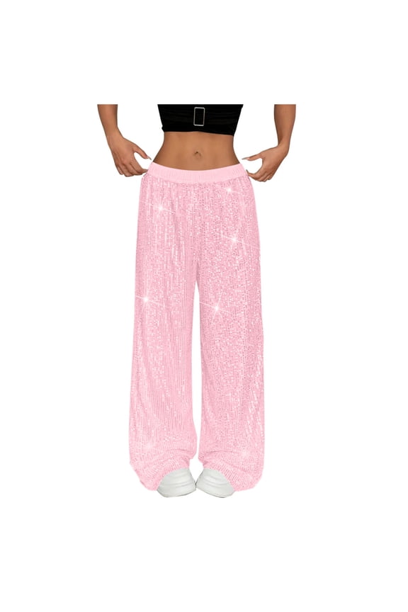 Womens Sequin Pants Wide Leg Sparkly Shiny Pants High Waist Baggy Party Club Dance Glitter Trousers Pants for Women, Pink