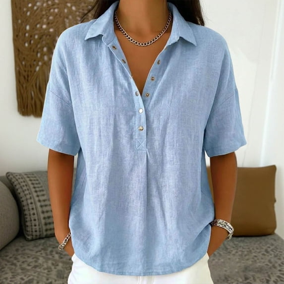 Livrdious Womens Short Sleeve Henley Tops Collared Popover Linen Blend Shirt, Relaxed Fit Drop Shoulder Blouse for Business Casual and Vacation