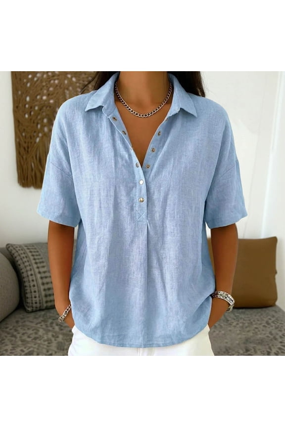 Womens Short Sleeve Henley Tops Collared Popover Linen Blend Shirt, Relaxed Fit Drop Shoulder Blouse for Business Casual and Vacation