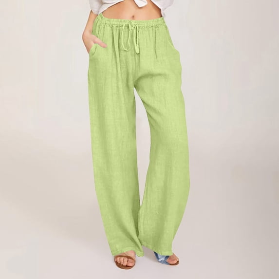 Livrdious Womens Summer Linen Trousers with Pockets, High Elastic Waisted Pants Wide Leg Comfy Lounge Pants, S-3X