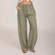 Livrdious Womens Summer Linen Trousers with Pockets, High Elastic Waisted Pants Wide Leg Comfy Lounge Pants, S-3X