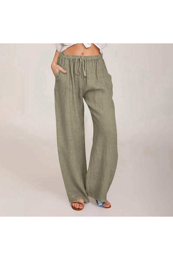 Womens Summer Linen Trousers with Pockets, High Elastic Waisted Pants Wide Leg Comfy Lounge Pants, S-3X