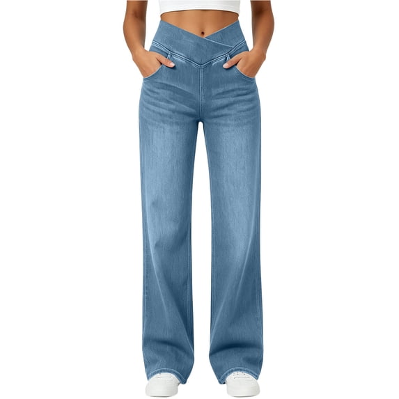 Livrdious Womens Wide Leg Jeans, 30'' Inseam Elastic High Waisted Jeans Pull On Strechy Denim Pants