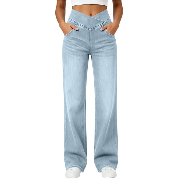Livrdious Womens Wide Leg Jeans, 30'' Inseam Elastic High Waisted Jeans Pull On Strechy Denim Pants