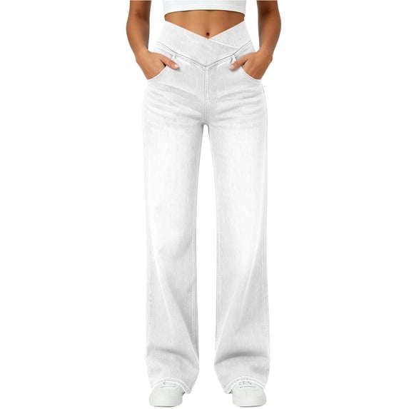 Livrdious Womens Wide Leg Jeans, 30'' Inseam Elastic High Waisted Jeans Pull On Strechy Denim Pants