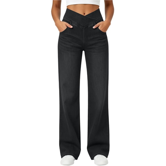 Livrdious Womens Wide Leg Jeans, 30'' Inseam Elastic High Waisted Jeans Pull On Strechy Denim Pants