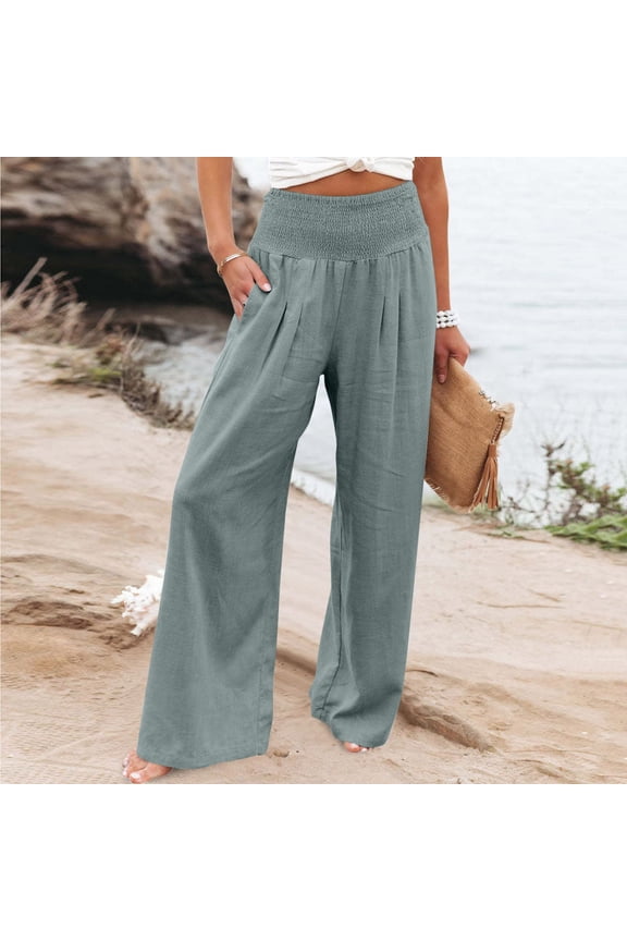 Womens Wide Leg Summer Linen Pants, High Elastic Waisted Pants with Pockets, Loose Fit Comfy Lounge Trousers, Casual Work, S-3X