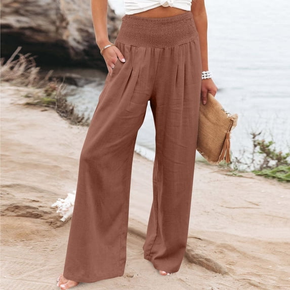 Livrdious Womens Wide Leg Summer Linen Pants, High Elastic Waisted Pants with Pockets, Loose Fit Comfy Lounge Trousers, Casual Work, S-3X