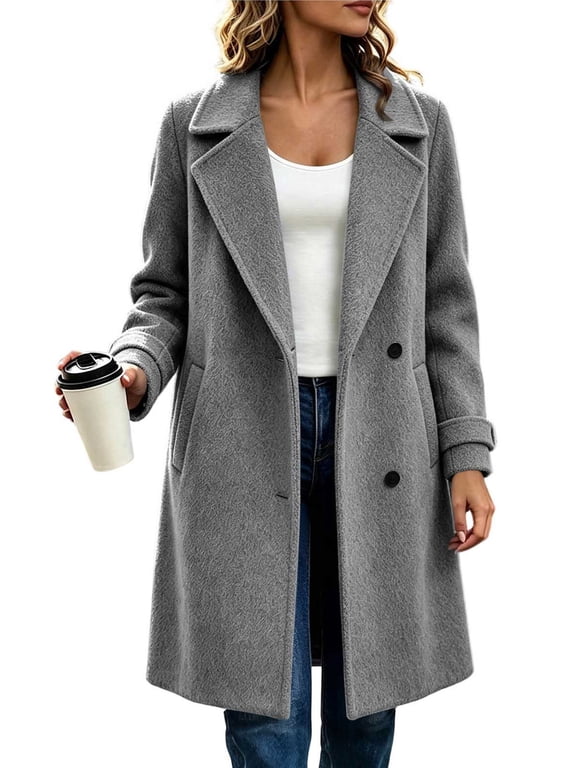 Womens Wool Long Coat Notched Lapel Single-Breasted Peacoat with Pockets, Fall Winter Coats Women