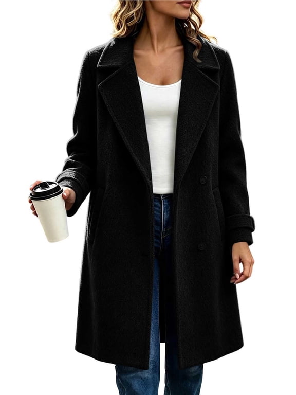 Womens Wool Long Coat Notched Lapel Single-Breasted Peacoat with Pockets, Fall Winter Coats Women