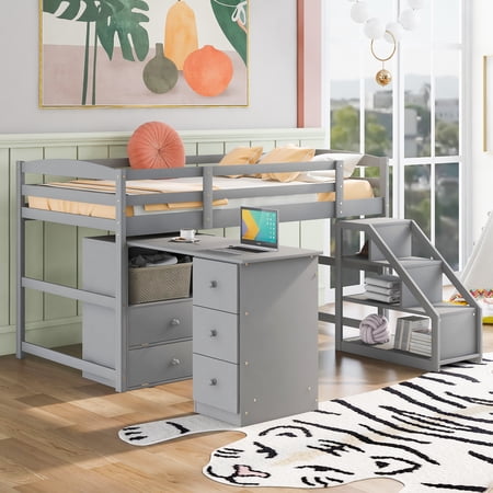 Livspace Twin Size Loft Bed with Multifunctional Movable Built-in Desk and and Staircase,Gray
