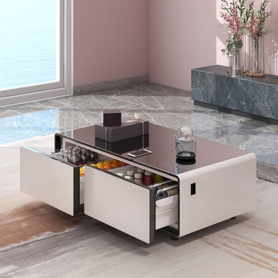 Livtab Smart Coffee Table with Built-in Fridge, Bluetooth Speakers, Wireless Charging, USB Ports and Outlets, Panel, LED Lights for Living Room, White