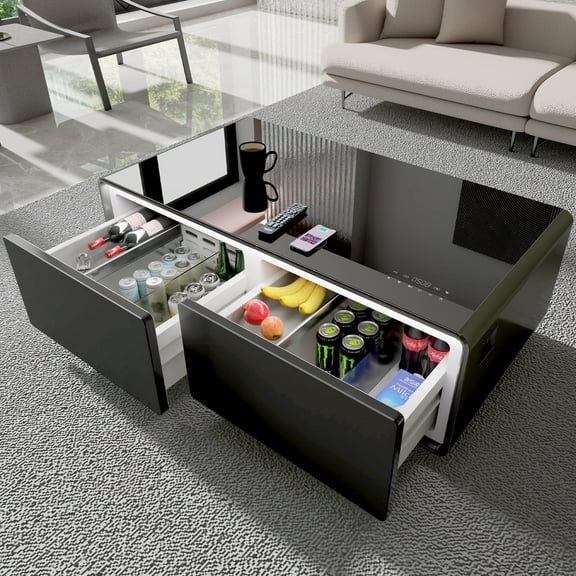 Livtab Smart Coffee Table with Built in Fridge, Bluetooth Speakers, Wireless Charging, Outlets, RGB Light, Black