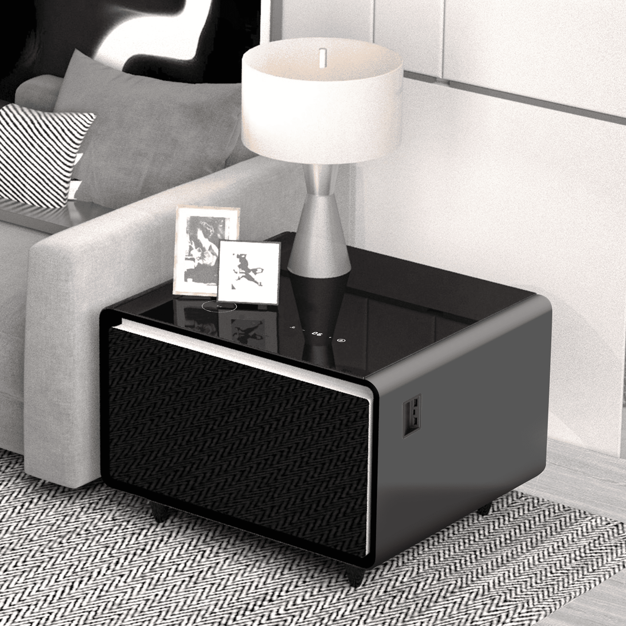 Black High Gloss Smart End Table with Fridge Drawer and Charging Station