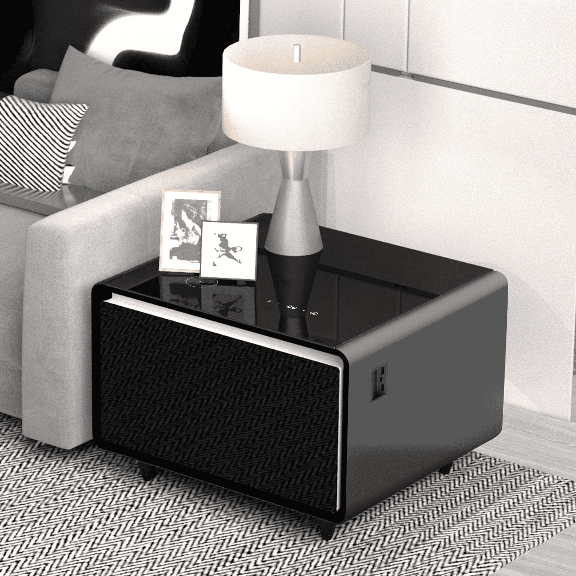 Black High Gloss Smart End Table with Fridge Drawer and Charging Station