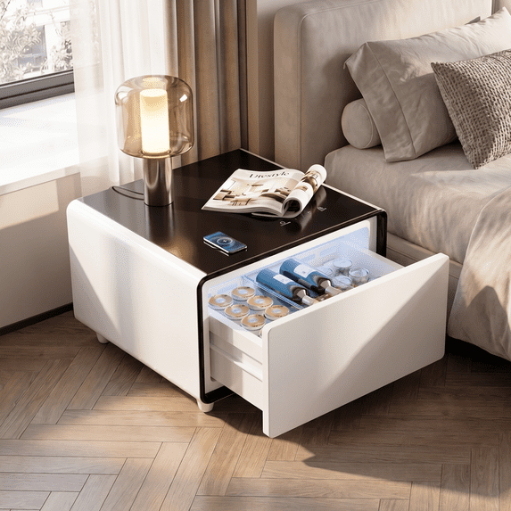 Livtab Smart Side Table with Fridge, Charging Station, End Table with Storage Drawer, Usb Ports for Living Room, White
