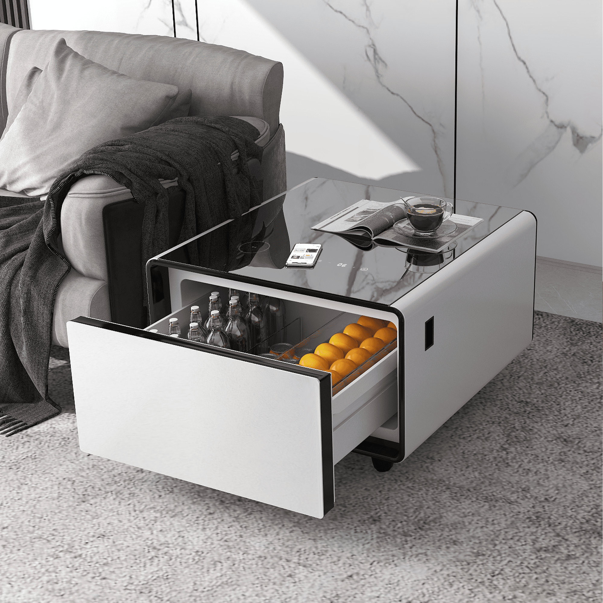 White High Gloss Smart Side Table with Glass Top and Storage