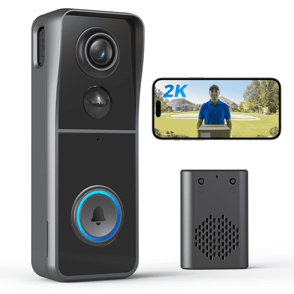 Liwan 2K Wireless Video Doorbell Camera with Chime, Smart PIR Motion Detection, 2-Way Audio, IP65 Waterproof Battery Powered Security Doorbell for Home
