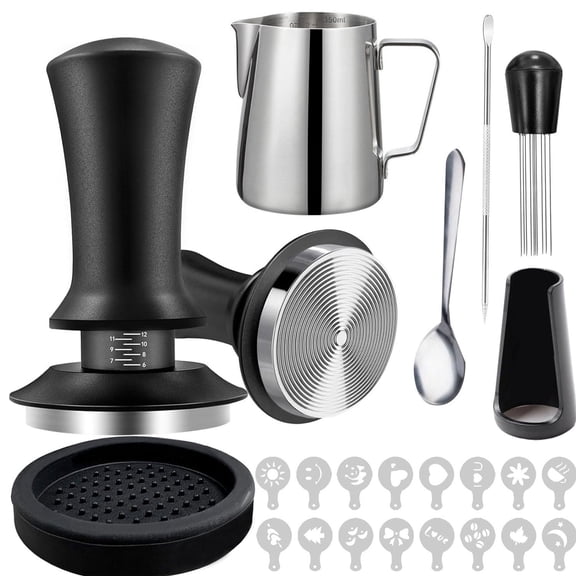 Liwantech 25 PCS Espresso Accessories Kit, 51mm Coffee Tamper, Mat, Puck Screen, Dosing Funnel, WDT Tool, Stirring Spoon, Latte Art Pen, Milk Frothing Pitcher, Barista Towel, 16 Coffee Stencils