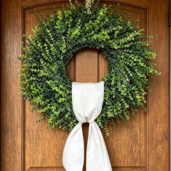 Liwantech 28 Inch Artificial Boxwood Wreath with Sash All Season, Rustic Farmhouse Decor for Front Door Wall Window Indoor Outdoor