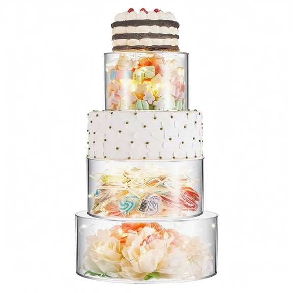 Liwantech 3Pcs Acrylic Cake Stands with LED Lights, 6", 8", 10" Clear Fillable Stackable Dessert Display Tower for Wedding & Birthday Party