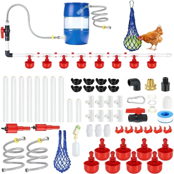Liwantech 57 Pcs Automatic Chicken Waterer System, Poultry Watering Kit with 8 Cups, DIY Chicken Feeder Waterer Set for Ducks Geese Quails