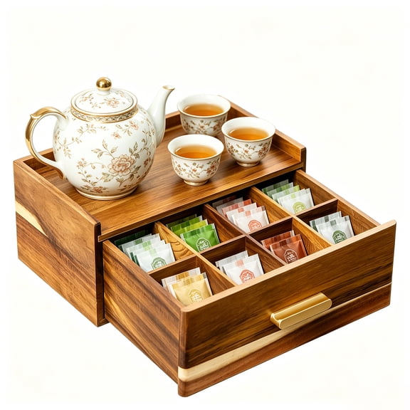 Liwantech Acacia Wood Tea Organizer, Tea Bag Holder Storage Box, Tea Bag Container for Countertop Tea Station & Drawer Organization