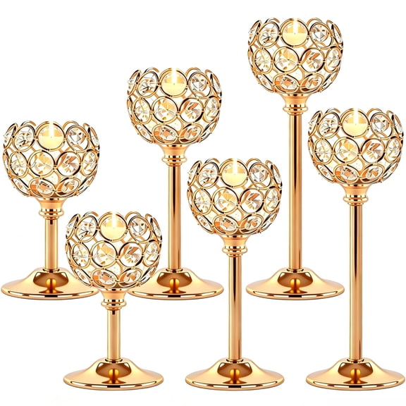 Liwantech Gold Crystal Candle Holders Set of 6 - Tall Bling Bowl Candelabra Centerpieces for Dining Table, Wedding, Party & Fireplace Mantel Decor