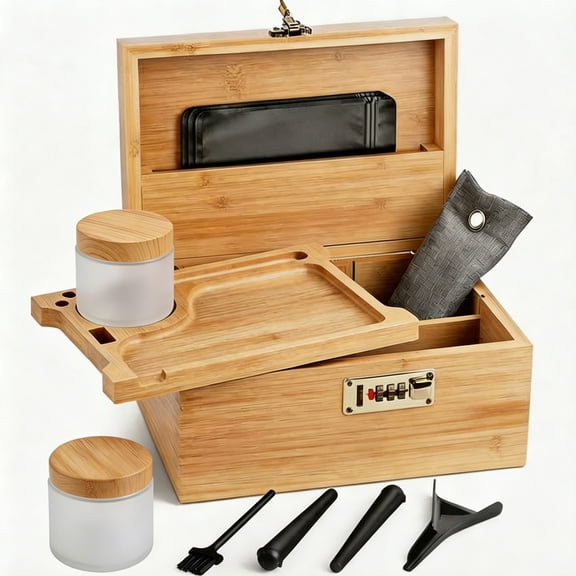 Liwantech Large Bamboo Storage Box with Combination Lock & Jar, Decorative Box Desk Organizer, Ideal Father's Day Gift