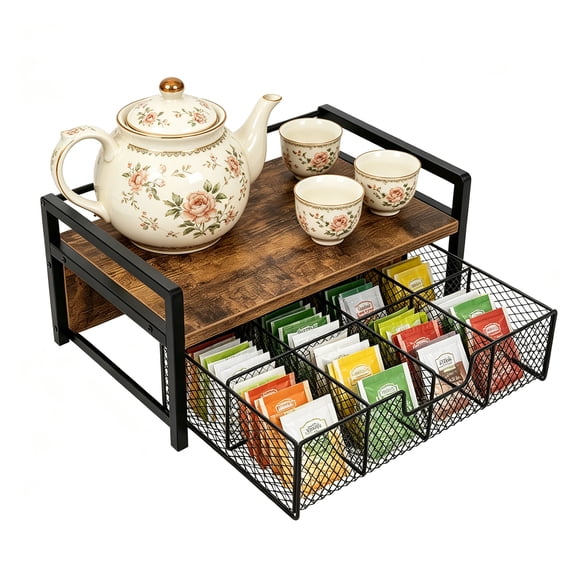 Liwantech Tea Bag Organizer with Storage Drawer, Wooden Coffee Bar Organizer for Countertop Kitchen, Teabag Holder Display Box, Rustic Brown