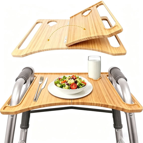 Liwantech 21.3"x15" Bamboo Walker Tray Table with Cup Holder, Removable Non-Slip Accessory for Folding Walker & Wheelchair