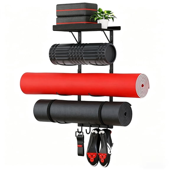 Liwantech Yoga Mat Holder Wall Mount, Home Gym Storage with Metal Top Floating Shelf for Storing Fitness, 4 Hooks for Resistance Bands, Skipping-Rope, Small Gym Equipment