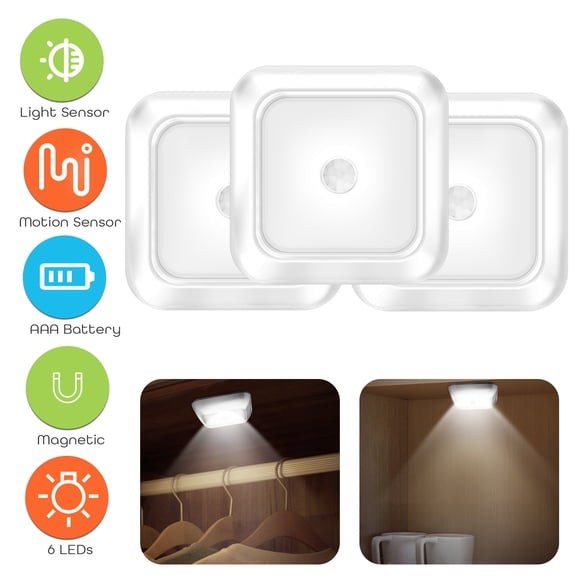 Liwarace 3Pcs LED Battery Powered Square Motion Sensor Closet Stair Night Light